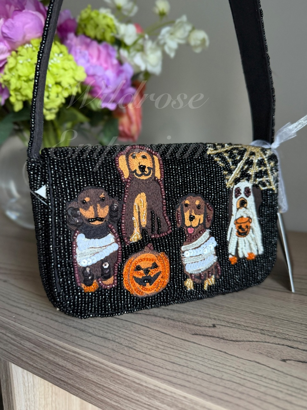 Made in India Halloween Daschund ghost web puppy Costume Beaded Shoulder Bag - Picture 2 of 12
